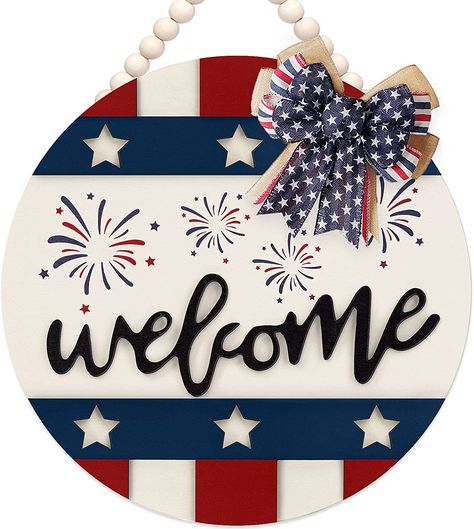 4th of July Patriotic Wreath Welcome Sign with Red White and Blue Decorations, Hanging Front Door Sign for Wall Porch Window Home Farmhouse Memorial Day Americana Independence Day Decor 4th Of July Welcome Sign, Red White And Blue Decorations, Patriotic Decorations Diy, Patriotic Welcome Sign, Blue Decorations, Porch Window, Patriotic Door Hanger, Independence Day Decor, Patriotic Sign