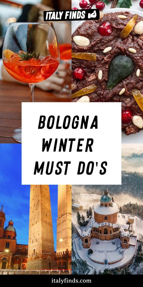 Bologna Winter Must Do's: Aperitif, festive dessert, historic towers, scenic winter view. Bologna Italy Things To Do, Where To Stay In Bologna Italy, Bologna Travel Guide, Things To Do In Bologna Italy, Tortellini In Brodo, Things To Do In Winter, Italy Winter, Handmade Pasta, Bologna Italy