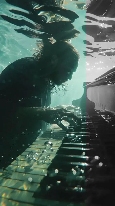 Full Color Image in ai-img-gen.com 🔸 thom yorke playing a piano underwater. Cinematic shot 🔸 From Midjourney AI Image Piano Underwater, Photography Underwater, Piano Performance, Thom Yorke, Piano Keys, Playing Piano, Color Image, Cinematic Photography, The Piano