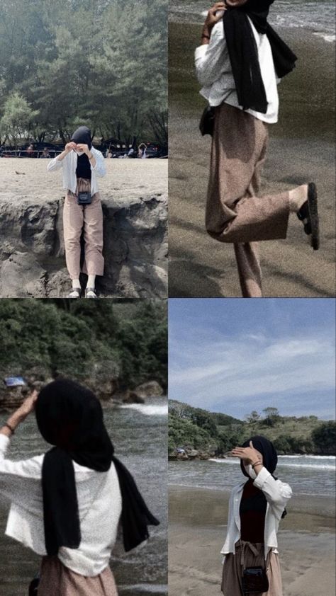 Ootd Ke Pantai Casual, Pose Foto Aesthetic Hijab, Pose Foto Di Pantai Hijab, Ide Pose Foto Hijab, Outfit Hijab Pantai, Ootd Hijab Pantai, Foto Ootd, Haircut Selfie, Photo Hijab