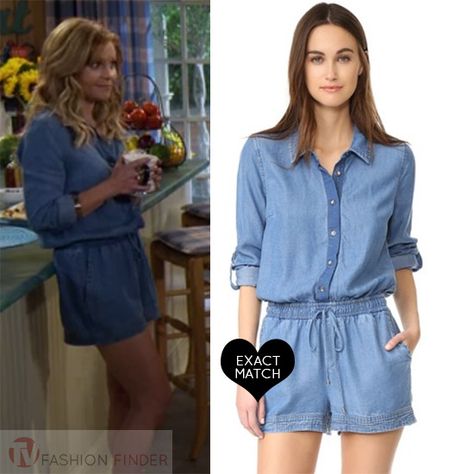 Candace Cameron Bure ad DJ Tanner in blue chambray denim romper worn on Fuller House season 3 Fuller House Dj Outfits, Dj Tanner Outfits Fuller House, Dj Fuller House Outfits, Dj Tanner Fuller House Outfits, Dj Fuller Outfits, Fuller House Outfits, Dj Tanner Fuller House, Candace Cameron Bure Family, Fuller House Dj