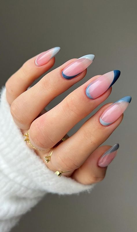 blue nails, butterfly blue nails, blue nail designs, blue nail art, blue nail ideas, mismatched blue nails, short blue nails, simple blue nails, almond blue nails Trendy Blue Nails, Reverse French Nails, Blue Wedding Nails, Reverse French, Blue Nail Art Designs, Blue And White Nails, Royal Blue Nails, Blue Gel Nails, Dark Blue Nails