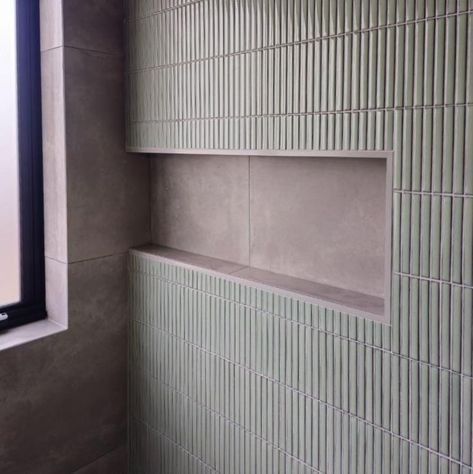 How stunning do our Zen Green Kit Kats look!? 💚 A little behind the scenes of this beautiful feature wall paired with our Trust Light Grey tile for this new @trentwood_homes build! We can’t wait to see this project completed 😍 Jump on our website to view some of our gorgeous ranges, link in bio If you’re new here 👉🏻 Visit our showroom today to see our huge range of tiles 👉🏻 Like and follow for more daily inspiration and projects #featuretiles #greentiles #bathroom #newbuild #custombui... Grey Tiles Green Walls, Green Grey Tiles Bathroom, Grey Tile Green Walls Bathroom, Green Finger Tiles Bathroom, Green Grey Bathroom, Green Kit Kat Tiles Bathroom, Green Glazed Tile Bathroom, Zen Green, Dark Contemporary