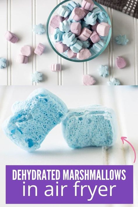 Learn how to make dehydrated marshmallows in your air fryer! Dehydrated marshmallows are a fun snack, toss in hot cocoa, or even cereal. You can use a dehydrator as well if you don't own an air fryer. #dehydrate #deydrated #marshmallow #dried #crisp #driedmarshmallows #mallowbits #easy #dessert #snack #airfryer Dehydrate Strawberries In Air Fryer, Air Fry Marshmallow, Marshmallows In Air Fryer, Dehydrated Marshmallows In Air Fryer, How To Dehydrate Marshmallows, Air Fryer Christmas Treats, Air Fryer Candy, Air Fryer Marshmallow, Dehydrate Marshmallows