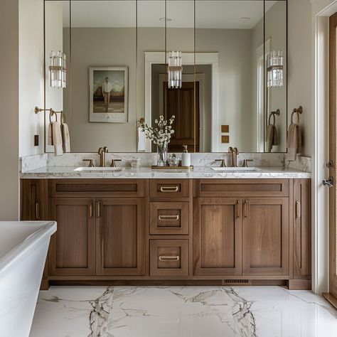 The refined wet room features a statement freestanding bathtub, complemented by floor-mounted brass faucets Bathtub Area Design, Warm Master Bath, Luxury Vanity Ideas Bathroom, Master Washroom, Wetroom Bathroom, Hotel Room Bathroom, Transitional Master Bath, Long Narrow Bathroom, High End Bathroom