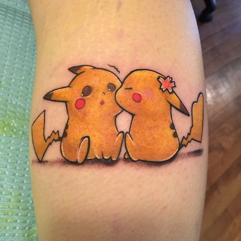 Pikachu Tattoo, Pokemon Couples, Pikachu Art, Couple Tattoo, Pokemon Tattoo, Matching Couple Tattoos, Calf Tattoo, Cartoon Tattoos, Matching Couple