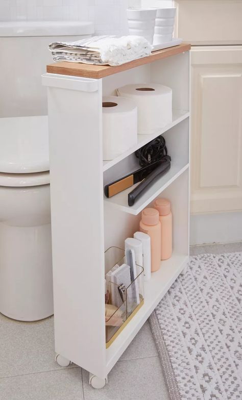 Over Sink Storage, Guest Bathroom Ideas, Beadboard Wall, Bathtub Shelf, Bathroom Storage Hacks, Bathroom Storage Solutions, Guest Bathrooms, Small Space Diy, Small Bathroom Storage