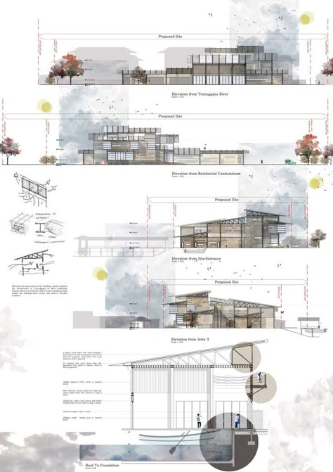 Elevation Concept Architecture, Elevation Sheets Architecture, Elevation Architecture Presentation, Architecture Presentation Board Layout Horizontal, Elevation Architecture Drawing, Elevation Presentation, Foundation Architecture, Architecture Project Presentation, Architectural Presentation Boards