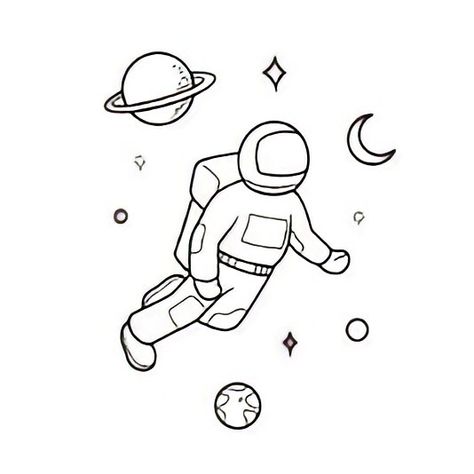 Astronaut Outline Drawing, Astronaut Fine Line Tattoo, Minimal Astronaut Tattoo, Astronaut Line Tattoo, Line Art Astronaut, Floating Astronaut Drawing, Astronaut Doodle Simple, Astronomy Drawing Ideas, Astronaut Line Drawing