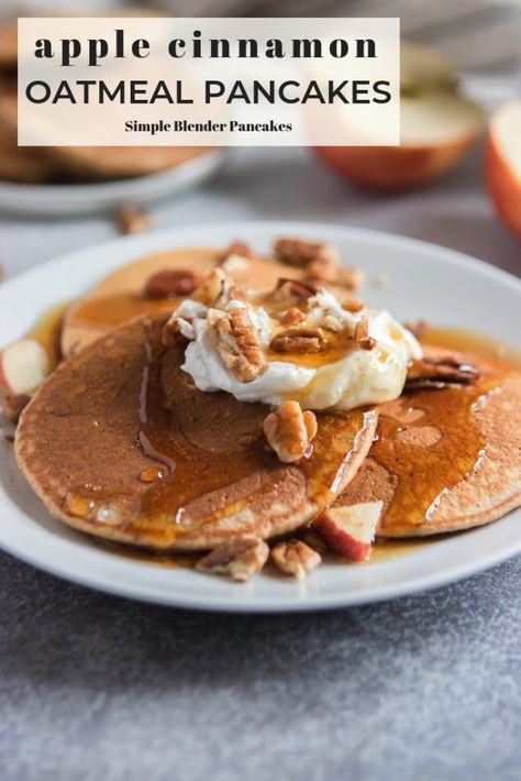 Hearty oats, juicy apples and plenty of cinnamon make these Apple Oatmeal Pancakes the perfect easy breakfast! Fluffy and full of flavor, all you have to do is pop everything in the blender! This pancake recipe is great for all of your brunching fun. #pancakes #applepancakes #oatmealpancakes #applecinnamon #breakfast #blenderpancakes Oatmeal Apple Pancakes, Apple Oatmeal Pancakes, Apple Cinnamon Oatmeal Pancakes, Apple Cinnamon Pancakes Easy, Pancakes With Apple And Cinnamon, Pancakes With Apple And Cinnamon Flavors, Fun Pancakes, Blender Pancakes, Apple Recipes Healthy