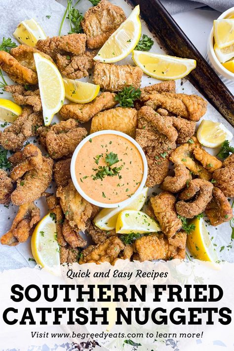 A Southern Classic just in nugget form! These Southern Fried Catfish Nuggets are crispy, flaky, and seasoned to perfection! Served with a Cajun Remoulade Sauce, these nuggets are the perfect appetizer or snack for any occasion. Crispy Catfish Recipes, Frying Catfish Nuggets, Deep Fried Catfish Nuggets, Catfish Nugget Recipes Fried, Sides For Fried Catfish, Catfish Meals, Catfish Nugget Recipes, Catfish Nuggets Recipes, Fried Catfish Nuggets