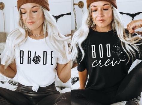 If you have a Halloween Bachelorette party coming up, then these matching bride and bridesmaid shirts are for you! Choose between the skeleton bride shirt in white or the boo crew black bridesmaid shirts. These shirts are cute, comfortable and made with 100% cotton. ♥ Shirts are unisex sizing and true to size (order a size up for an oversized look) ♥ 100% cotton RETURNS/CANCELLATIONS: I do not accept order cancellations, returns or exchanges. If your item is received in a flawed or damaged condi Halloween Bridal Party Shirts, Spooky Bridesmaid Shirts, Boo Crew Bachelorette, Boo Bachelorette Party, Boochelorette Party Ideas, Spooky Bachelorette Shirts, Nightmare Before Christmas Bachelorette Party, Halloween Theme Bachelorette, Spooky Bridal Party