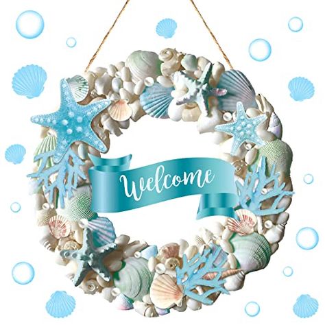 Starfish Rope Wreath, Summer Wreaths With Shells, Summer Wreaths For Front Door Summertime Beach Houses, Coastal Christmas Wreath Condo, Blue Coastal Wreath, Beach Wreaths For Front Door Summer, Seaside Wreaths For Front Door, Sea Side Wreath, Christmas Coastal Wreath