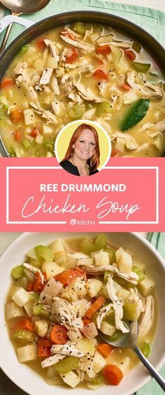 Ree Drummond (The Pioneer Woman)'s chicken soup is incredibly easy to make. It is one of those dump and cook situations that are super easy for weeknight dinners. Youll place a whole chicken bay leaf chopped onion and a few chopped carrots parsnips and ribs of celery in a big pot. Then youll pour in two quarts of store-bought chicken broth and season with salt and pepper.  Ree Drummond (The Pioneer Woman)'s chicken soup is incredibly easy to make. It is one of those dump and cook situations that Pioneer Woman Soups, Pioneer Woman Recipes Dinner, Pioneer Woman Chicken, Ree Drummond Recipes, Pioneer Woman Ree Drummond, Food Soup, Healthy Recipes Easy Snacks, Pioneer Woman Recipes, Chopped Carrots