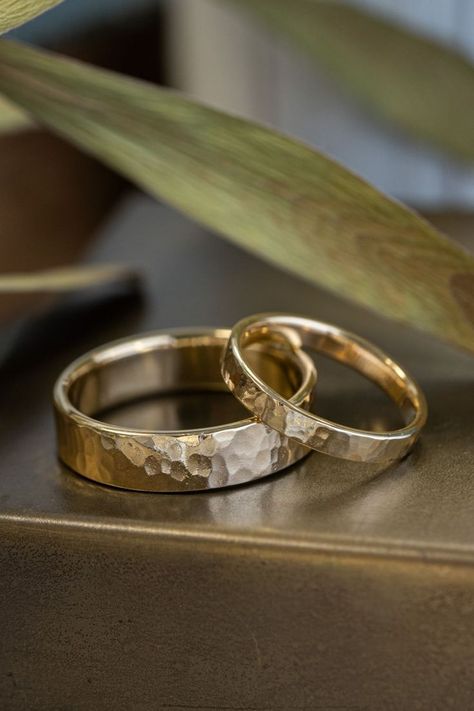 marsh-edisto-matching-hammered-yellow-gold-wedding-band-set-rustic-and-main-10k-14k-18k Hammered Gold Wedding Band, Unique Gold Wedding Bands, Recycled Gold Ring, Hammered Wedding Rings, Hammered Gold Ring, Hammered Wedding Bands, Mens Wedding Bands Unique, Mens Gold Wedding Band, Yellow Gold Wedding Band