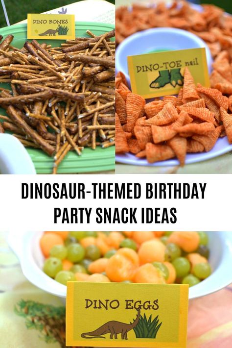 These snacks are perfect for your dinosaur-themed party! Super cute and easy to make. #SnackIdeas #PartyIdeas #DinosaurParty #KidsPartyIdeas Dinosaur Bday Party Food, Easy Dinosaur Party Food, Food For A Dinosaur Birthday Party, Food Ideas For Dinosaur Party, Dinosaur Party Snacks Food Ideas, Dinosaur Birthday Party Snack Ideas, Dino Themed Drinks, Dinosaur Themed Snacks Birthday Parties, Dinosaur Birthday Snack Ideas