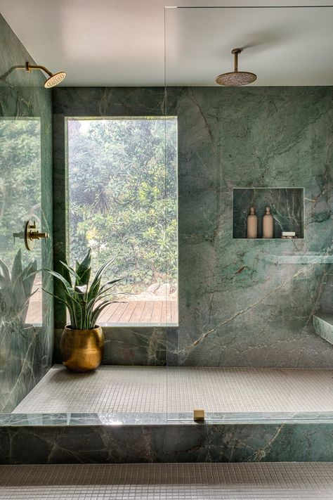 Shower Tile Ideas Walk In Master Modern, Secondary Bathroom Remodel, Bathroom Flooring Design, Opal Bathroom, Luxury Primary Bathroom, Large Bathroom Ideas, Gray Marble Bathroom, Bath Tub Ideas, Bathroom With Wallpaper