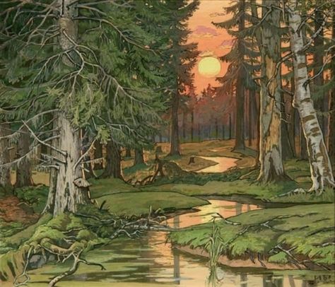 by Russian illustrator Ivan Bilibin Forest At Sunset, Ivan Bilibin, Forest Drawing, Zestaw Ikon, Fairy Forest, Forest Illustration, Arte Sketchbook, Forest Art, Fairytale Art