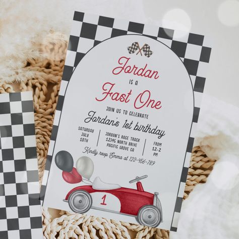 Fast One Birthday Party Red Race Car 1st Birthday Invitation - tap/click to get yours right now! #Invitation #race #car #birthday #party, #boy First Birthday Race Car, Fast One Birthday Party, Car 1st Birthday, Red Race Car, Birthday Party Boy, Car Birthday Party, Red Race, Race Car Birthday Party, Race Party