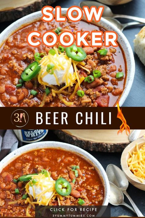 This Slow Cooker Beer Chili is easily made with ground beef or turkey. A bottle of your favorite beer gets added with pinto beans, onion, tomato, jalapeno pepper and spices. This recipe is perfect for game day entertaining. Slow Cooker Beef Chili Recipe, Beer Chili Recipe, Pork Chili Recipe, Slow Cooker Chili Beef, Slow Cooker Ground Beef, Beer Chili, Slow Cooker Chili Recipe, Beef Chili Recipe, Jalapeno Pepper