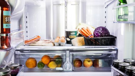 How to Clean Your Fridge the Right Way | Epicurious Produce Bin, Large Refrigerator, Long Mullet, Fresh Groceries, Raw Chicken, Fridge Organization, Food Out, Ketchup Bottle, Food Safety