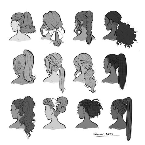 Twists Hair Drawing Reference, Hairstyles For Women Drawing Reference, Womens Hair Drawing Reference, Ponytail Hairstyles Art Reference, Side Part Drawing Hair, Hair From The Back Reference, Side Ponytail Drawing Reference, Ponytail Back View Drawing, Ponytail Reference Front View