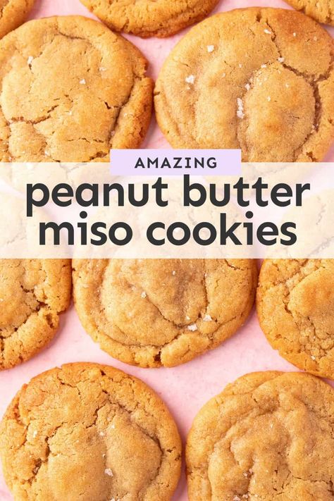 Chewy Peanut Butter Miso Cookies made with brown butter. You can expect sweet and salty caramel-like cookies with crispy edges and a soft, buttery centre. No electric mixer needed! Recipe from sweetestmenu.com #cookies #miso #peanutbutter #recipe Peanut Butter Cookies Crispy, Miso Brown Butter Cookies, No Butter Cookies Recipes, Miso Peanut Butter Cookies, Miso Cookie Recipe, Peanut Butter Miso Cookies, Miso Dessert Recipes, Miso Cookies, Xmas Cookies Recipes