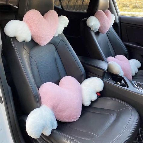 seemehappy 2 Pack Fluffy Heart with Wings Shaped Headrest Pillows for Car Driving Cute Neck Pillows for Driving Car Decor-2 Neck Pillows Heart Shape Neck, Car Deco, Neck Support Pillow, Car Headrest, Car Head, Cervical Pillows, Girly Car, Cozy Accessories, Car Cushion