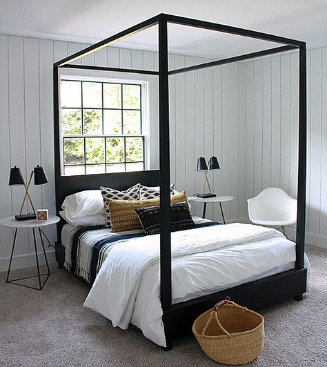 Black canopy bed + white shiplap walls | House Seven Design Farmhouse Canopy Beds, Black Canopy Bed, Green And White Bedroom, Wood And Upholstered Bed, Bed Wooden, Wooden Beds, Canopy Bedroom, Neutral Bedrooms, French Bedroom