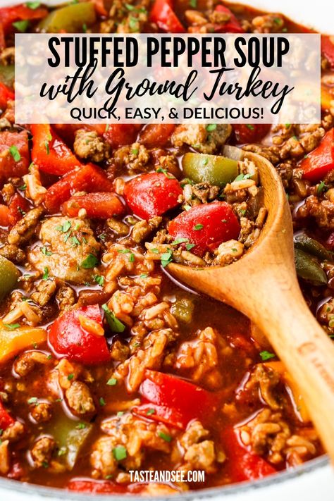 This Stuffed Pepper Soup with Ground Turkey has all the fantastic flavors of a classic stuffed pepper recipe but with no stuffing required!  There’s so much to love about this soup…  It’s quick and easy to make, budget-friendly, low-calorie, and gluten-free and requires practically no cleanup.  This stuffed pepper soup recipe is hearty and filling and so delicious! Stuffed Pepper Soup Ground Turkey, Keto Ground Turkey Soup Recipes, Stuffed Pepper Soup With Cabbage, Soup Ideas With Ground Turkey, Low Carb Stuffed Pepper Soup, Stuffed Pepper Soup Healthy, Keto Stuffed Bell Pepper Soup, Soup With Ground Turkey Healthy, Easy Stuffed Pepper Soup Recipe