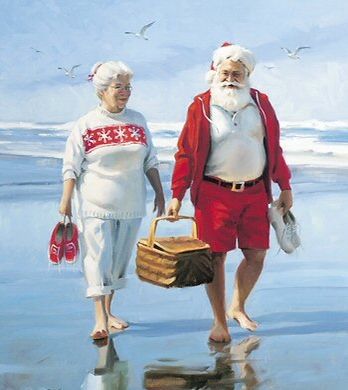 Barefoot On The Beach by Tom Browning, depicts Santa Claus and Mrs. Claus on the beach Santa Klaus, Beachy Christmas, Santa Claus Is Coming To Town, Beach Christmas, Coastal Christmas, Santa Clause, Mrs Claus, Noel Christmas, Father Christmas