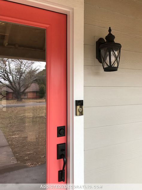 Coral Door Gray House, Coral Color Front Door, Salmon Colored Front Door, Coral Front Door Colors Sherwin Williams, Coral Door Front Entrance, Bright Front Door Colors, Coral Front Doors, Decor Rules, Bright Front Doors