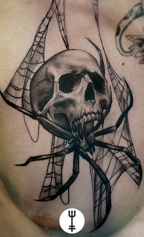 Spider And Skull Tattoo, Spider Skull Tattoo, Skull Spider Tattoo, Tattoo Skulls, Skull Hanging, Spider Skull, Spider Drawing, Skull Spider, Waist Tattoos