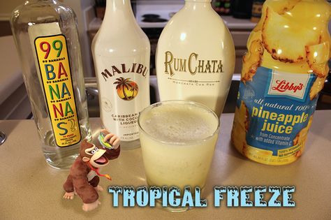 Ingredients: .75 oz 99 Bananas, .75 oz Malibu Rum with Coconut, .75 oz RumChata, 4 oz Pineapple Juice, Ice. 99 Bananas, Tiara Tattoo, Malibu Rum Drinks, Rumchata Recipes, Malibu Cocktails, Crown Apple, Rum Drinks Recipes, Malibu Drinks, Apple Drinks