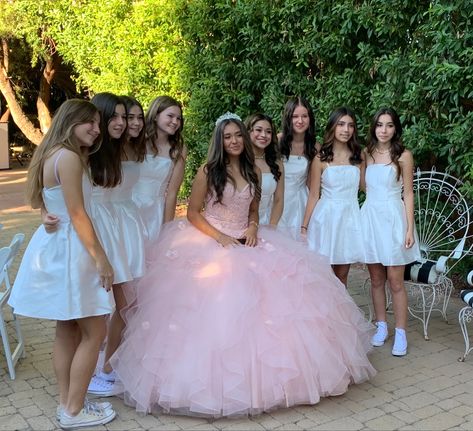 Quince Friend Dresses, Pink Sweet 16 Court Dresses, Dresses To Wear At A Quinceanera As A Guest, Pink Quince Court Dresses, Pink Court Dresses, Pink Quinceanera Theme Damas, Outfits For Damas Quince, Dama Pink Dresses, Quince Court Outfits Pink