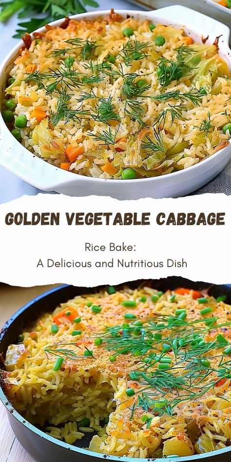 Golden Vegetable Cabbage Rice Bake: A Delicious and Nutritious Dish Ingredients For the Rice: 1 cup of rice (200 grams), rinsed 2 cups of water (400 ml) 1 teaspoon of salt #Cabbage #Delicious Rice And Cabbage, Rice Bake, Cabbage Rice, Cabbage Salad Recipes, Vegetable Rice, Cup Of Rice, 15 Minute Meals, Tasty Vegetarian Recipes, Cabbage Recipes