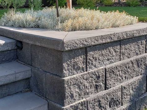 90 degree CornerStone retaining wall corner. Corner Retaining Wall Front Yards, Retaining Wall Corner, Corner Retaining Wall, Corner Lot Retaining Wall, How To Build A Small Retaining Wall, Allan Block Retaining Wall, Modular Block Retaining Wall, Board Form Concrete Retaining Wall, Hardscape Lighting