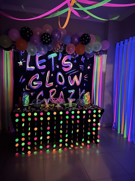 Glow Party Dance Floor, Neon Disco Theme Party, Let’s Glow Crazy, Glow Party Preppy, Glow Party Backdrop, Neon After Party, Neon Glow School Dance, Happy Birthday Neon Sign Backdrop, Neon Dance Decorations