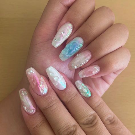 gel-x-nails-mermaid-style-colorful Mermaid Nails Square, Square Mermaid Nails, 3d Mermaid, Aqua Nails, Nails Colorful, Nails 3d, Short Square Nails, Mermaid Nails, Love W