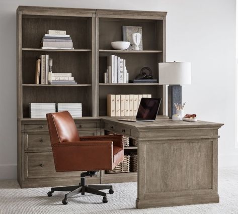 Livingston Peninsula Desk with 70" Bookcase Suite | Pottery Barn Peninsula Desk, Meranti Wood, Upholstered Desk Chair, Reclaimed Wood Desk, File Cabinet Desk, Swivel Chair Desk, Media Furniture, Office Suite, Modular Furniture