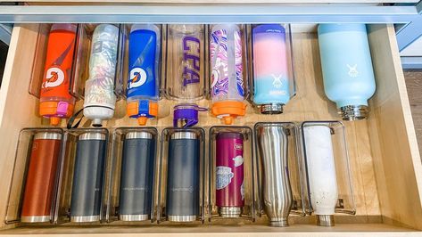 Water Bottle Drawer, Bottle Organization, Kids Cupboard, Crowded Kitchen, Water Bottle Organization, Water Bottle Storage, Fridge Shelves, Organizing Services, Refrigerator Drawers