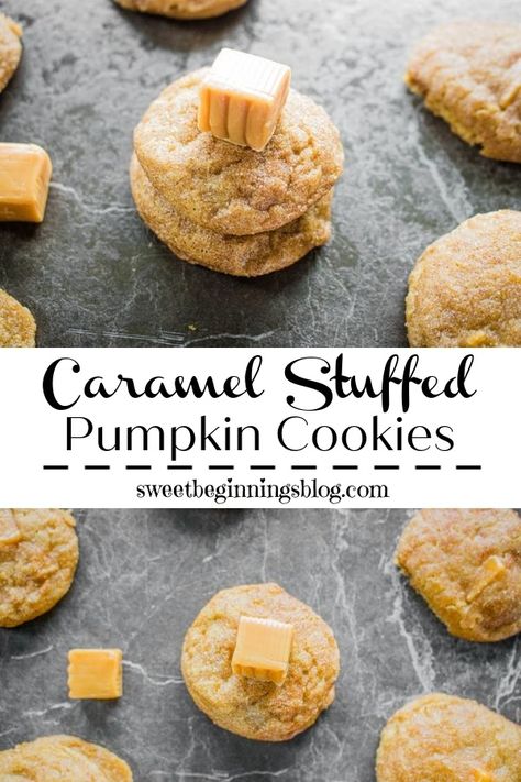 Cookies With Carmel In The Center, Caramel Stuffed Pumpkin Cookies, Caramel Pumpkin Cookies, Stuffed Pumpkin Cookies, Jumbo Cookies, Lush Desserts, Caramel Pumpkin, Stuffed Pumpkin, Savory Pumpkin Recipes