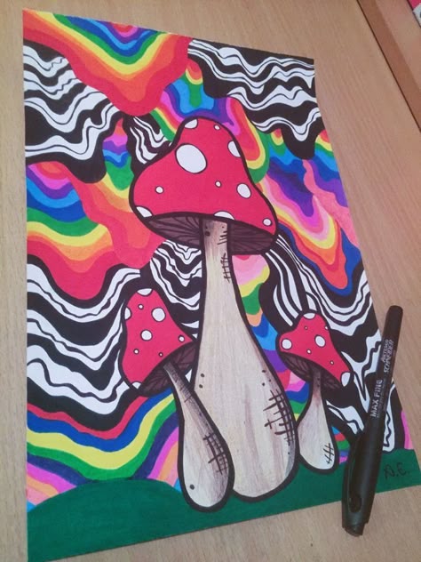 Mushroom Art Colorful, Hongos Art, Trippy Mushroom Painting, Mushroom Paint, Canvas Art Ideas, Drawing Arts, Mushroom Drawing, Hippie Painting, Canvas Painting Designs