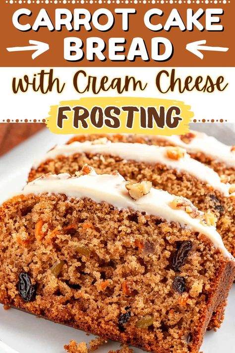 From the brown sugar and blend of spices to the chewy raisins and dreamy topping, this carrot cake bread with cream cheese frosting is too good to miss. Carrot Cake Bread Loaf, Carrot Dessert Recipes, Carrot Cake Loaf Recipe, Easy Carrot Cake Recipe, Carrot Cake Bread, Bread With Cream Cheese, Carrot Cake Loaf, Carrot Cake Recipe Easy, Dessert Breads