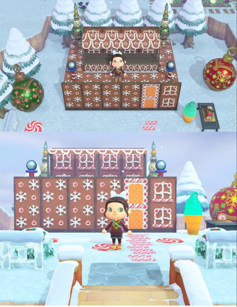 #acnh #newhorizons #animalcrossing #animalcrossingnewhorizons #gingerbreadhouse #islandinspo Acnh Gingerbread House, Acnh Island Christmas, Acnh December, Acnh Pink Christmas, Acnh Gingerbread, Winter Gingerbread House, Acnh Hhp Christmas, Candy Core, Acnh Winter