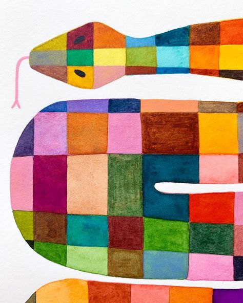 Colourful abstract patchwork watercolour snake Watercolour Snake, Abstract Snake, Abstract Patchwork, Colourful Watercolour, Snake Illustration, Art Eyes, Colourful Abstract, Snakes, Art Inspo