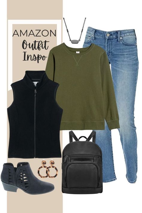 Amazon outfit inspiration includes black vest, olive green crew neck sweatshirt, jeans, backpack purse, neutral earrings, criss-cross black booties, and Kendra Scott necklace. Outfit idea, outfit inspiration, casual outfit, everyday outfit, winter fit, casual fit #casualoutfit #casualfit #outfitidea #outfitinspiration #outfitinspo #amazonfashion #amazonfinds #outfitideas #casualoutfitidea Kendra Scott Necklace Outfit, Green Sweatshirt Outfit, Sweatshirt Outfit Winter, Neutral Earrings, Green Crew Neck, Jeans Backpack, Necklace Outfit, Winter Fit, Sweatshirt Outfit