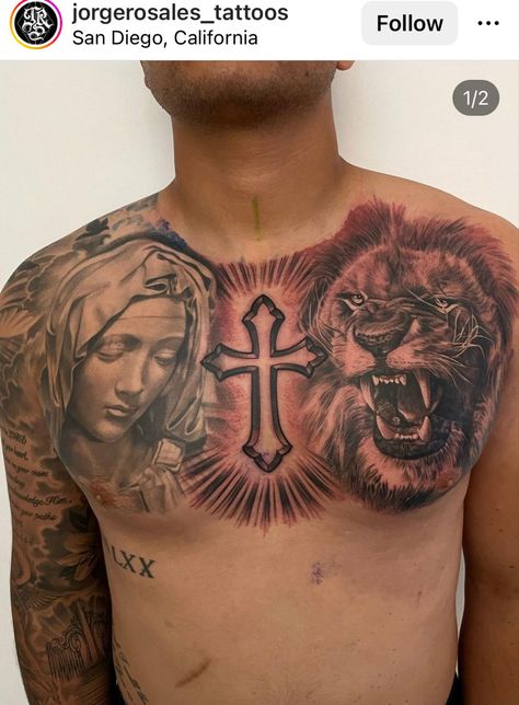 Cross Chest Tattoo Men, Cross Tattoo Chest, Chest Tattoos Men, Tattoo Mens, Full Chest Tattoos, Tattoo Ideas Males, Gamer Bedroom, Tatted Men, Black Jesus