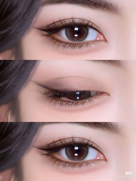 Smokey Neutral Eye Makeup, Makeup For Circle Eyes, Eyeliner For Asian Hooded Eyes, Makeup For Doe Eye, Soft Eyeliner Look, Korean Makeup On Dark Skin, Round Eye Makeup, Double Eyelid Makeup, Eyeliner For Round Eyes