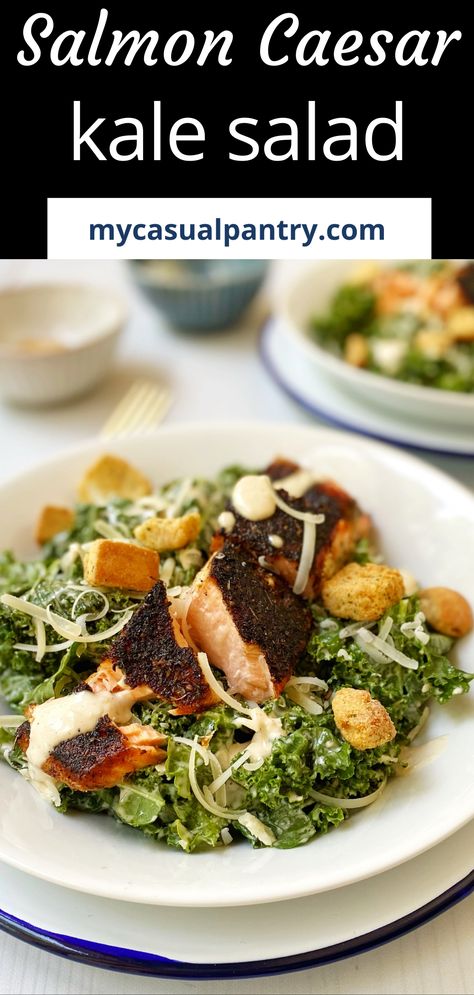 This Blackened Salmon Caesar is a delicious twist on the traditional. With hearty kale and spice-crusted salmon, this dish looks fancy but is so easy to make. Salmon Caesar Salad, Chicken Caesar Pasta Salad, Blackened Salmon, Blackened Chicken, Crusted Salmon, Main Dish Salads, Kale Salad, Caesar Salad, Latest Recipe